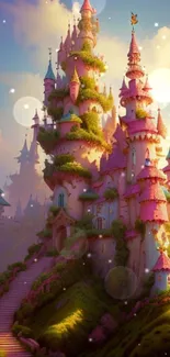 Fantasy castle with pink towers and lush greenery under a sunset sky.