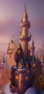 Enchanted castle in a snowy fantasy landscape with twilight skies.