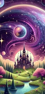 Fantasy castle under a cosmic sky with swirling purple hues.