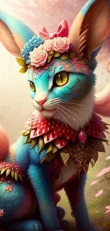 Whimsical fantasy cat with floral attire in an enchanted forest setting.