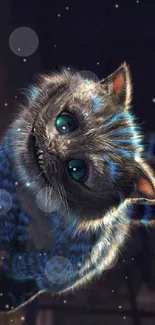 Fantasy cat with blue stripes and glowing eyes on a dark background.