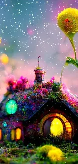 Whimsical fantasy cottage with vibrant colors in a magical landscape wallpaper.