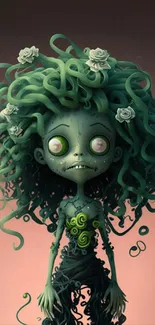 Whimsical fantasy creature with green curly hair and floral accents mobile wallpaper.