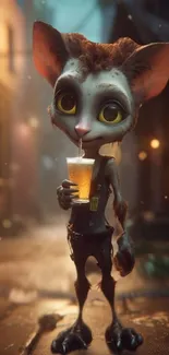 Fantasy creature sipping a drink on a whimsical street.