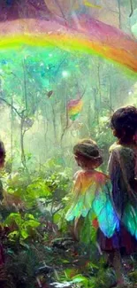 Whimsical fantasy forest with glowing winged figures and a rainbow.