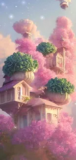 Whimsical treehouse among pink clouds with hot air balloon.