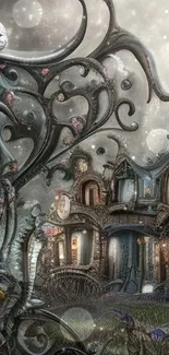 Fantasy house illustration in surreal style with whimsical elements and muted colors.