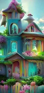 Whimsical fantasy house with vibrant colors and dreamy architecture.