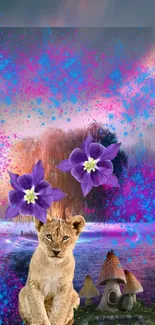 Whimsical wallpaper with lion cub, flowers, and mushrooms in vibrant colors.