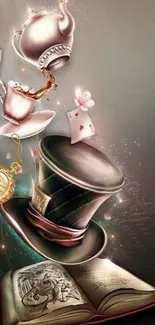 Whimsical fantasy wallpaper with hat, teacup, and clock.