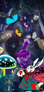 Fantasy wallpaper with a purple cat, mushrooms, and butterflies in a dark forest.