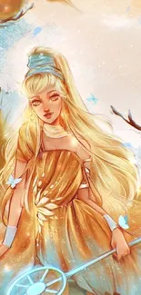 Whimsical fantasy princess surrounded by butterflies in golden hues.