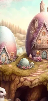 Whimsical wallpaper with egg-shaped houses and a bunny in a fantasy village.