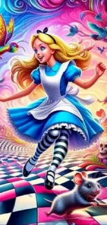 Whimsical fantasy art wallpaper with Alice in vibrant colors.