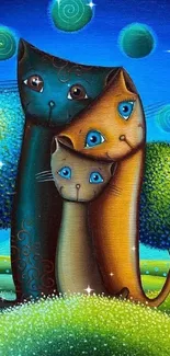 Whimsical cats in a colorful fantasy landscape on a mobile wallpaper.