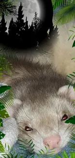 Ferret in a lush forest with moon silhouette