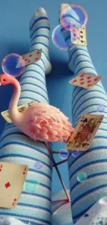 Whimsical art with flamingo, cards, and stripes on blue background.