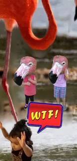 Children with flamingo masks in a surreal and humorous art scene.