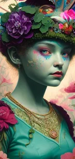 Fantasy figure with flowers in vibrant teal hues.