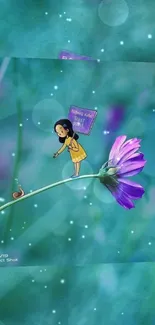 Whimsical character on a violet flower.