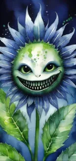 Surreal smiling flower in green and blue hues with artistic flair.