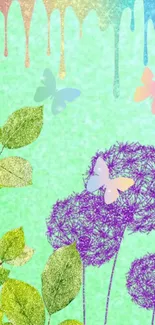 Whimsical floral wallpaper with butterflies and leaves.