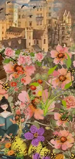 Whimsical wallpaper with flowers and a castle.