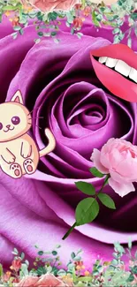 Whimsical purple rose with cat, lips, and flowers wallpaper.