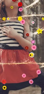 Child in striped dress with vibrant flowers and sparkles on a whimsical wallpaper.