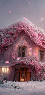 Fairy-tale cottage with pink flowers in a magical winter scene.