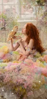 Woman in a colorful dress surrounded by flowers and an owl in a whimsical setting.