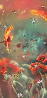 Vibrant fantasy floral wallpaper with teal background and orange flowers.