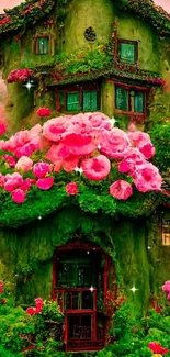 Whimsical house surrounded by vivid pink flowers and lush greenery.