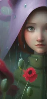 Whimsical animated portrait surrounded by flowers in rain.