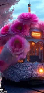 A pink flower-covered tram in a fantasy setting.