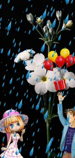 Cartoon characters with balloons in a rainy floral design.