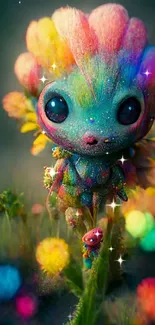 Whimsical, colorful flower creature artwork wallpaper.