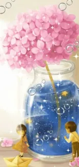 Whimsical fantasy wallpaper with a pink flower in a blue jar and charming characters.