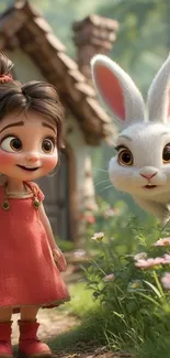 Whimsical cartoon girl with rabbit in forest.