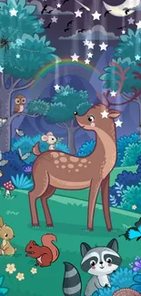 Whimsical forest animals in a vibrant, colorful cartoon scene for mobile wallpaper.