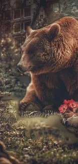 A calm bear and child in a whimsical forest setting with a rustic background.