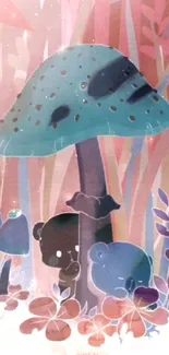 Cartoon bears under a teal mushroom in a colorful forest.