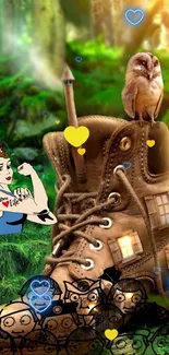 Whimsical forest boot with a cartoon character and owl, set in a fantasy scene.