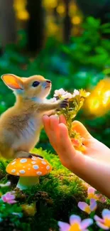 Cute bunny with glowing flowers in a fantasy forest.