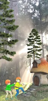 Whimsical forest scene with a sunlit cottage and towering trees.