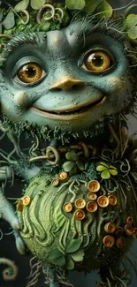 Whimsical forest creature with green and gold design for mobile wallpaper.