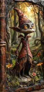 Whimsical forest creature in a sculpted art setting.