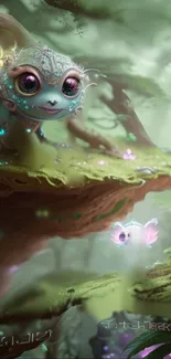 Whimsical creature in a mystical green forest setting.