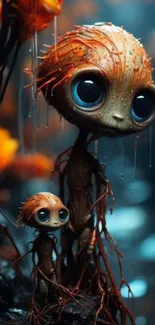 Whimsical forest creatures with large eyes in a vibrant, colorful setting.