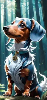 Cute dog with blue fur in an enchanted forest scene.